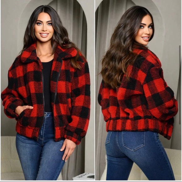 LAST ONE: Buffalo plaid deep red black women’s warm lined bomber zippered jacket - Picture 3 of 3